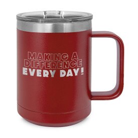 maroon stainless steel mug with making a difference message