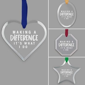 different shapes of crystal ornament with making a difference message and satin ribbon