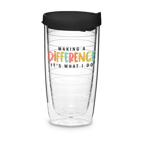 Double-wall acrylic tumbler with blue snap on lid and slide closure. Featured message Making A Difference It’s What I Do.