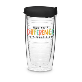 Double-wall acrylic tumbler with blue snap on lid and slide closure. Featured message Making A Difference It’s What I Do.