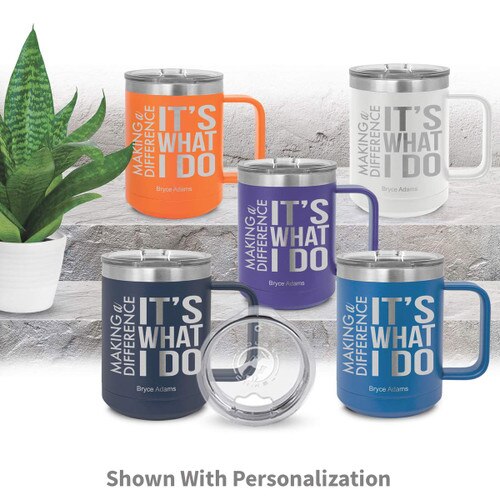 multiple colors of insulated coffee mugs with making a difference message and personalization