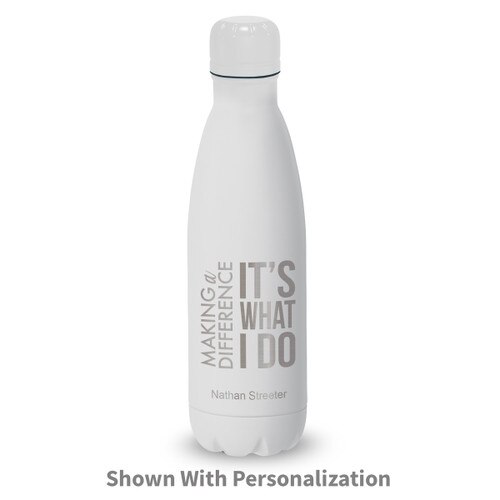 white stainless steel water bottle with be the difference message and personalization