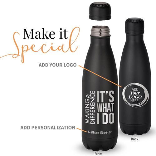 black stainless steel water bottle with making a difference message and add your logo