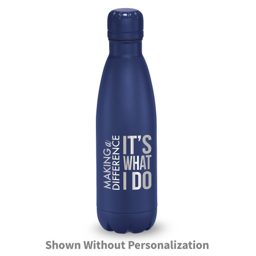 navy stainless steel water bottle with making a difference message