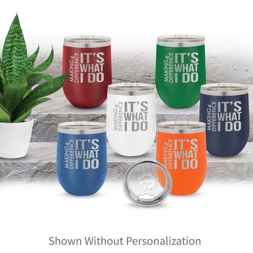 multiple colors of 12 oz. stainless steel tumblers with making a difference message