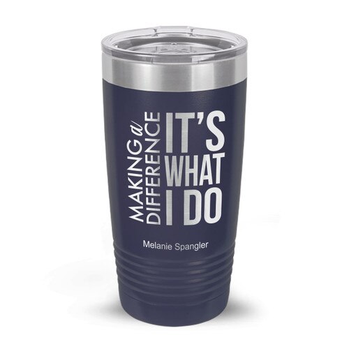 navy stainless steel tumblers with making a difference message and personalization
