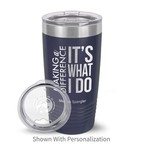 navy stainless steel tumblers with making a difference message and personalization