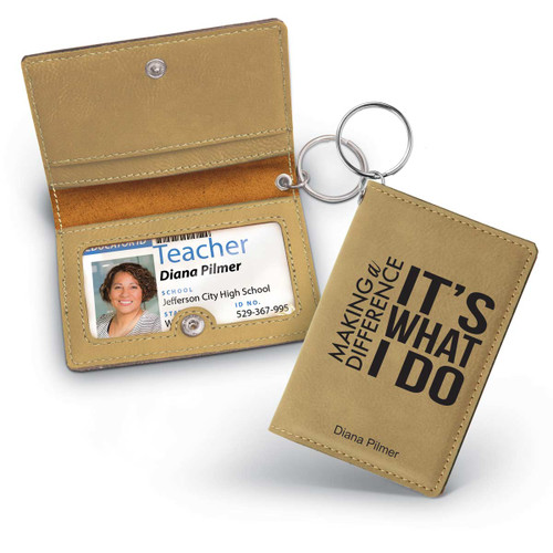 light brown leather id holder with making a difference message