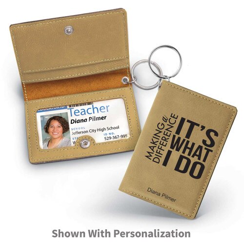 light brown leather id holder with making a difference message