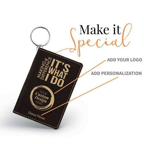 black leather id holder with making a difference message and add you logo