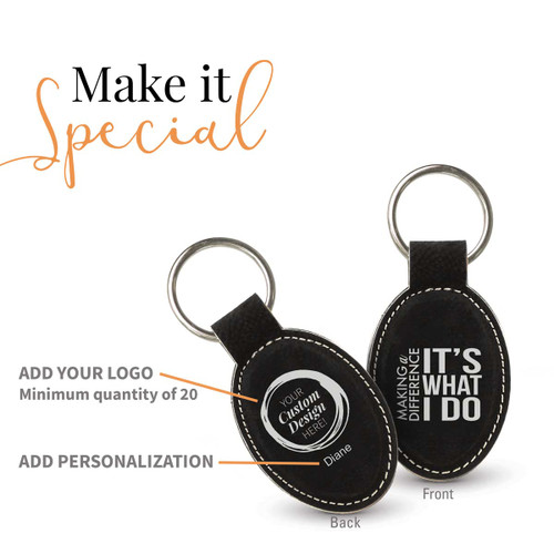 black oval leather keychains with making a difference message and add you logo