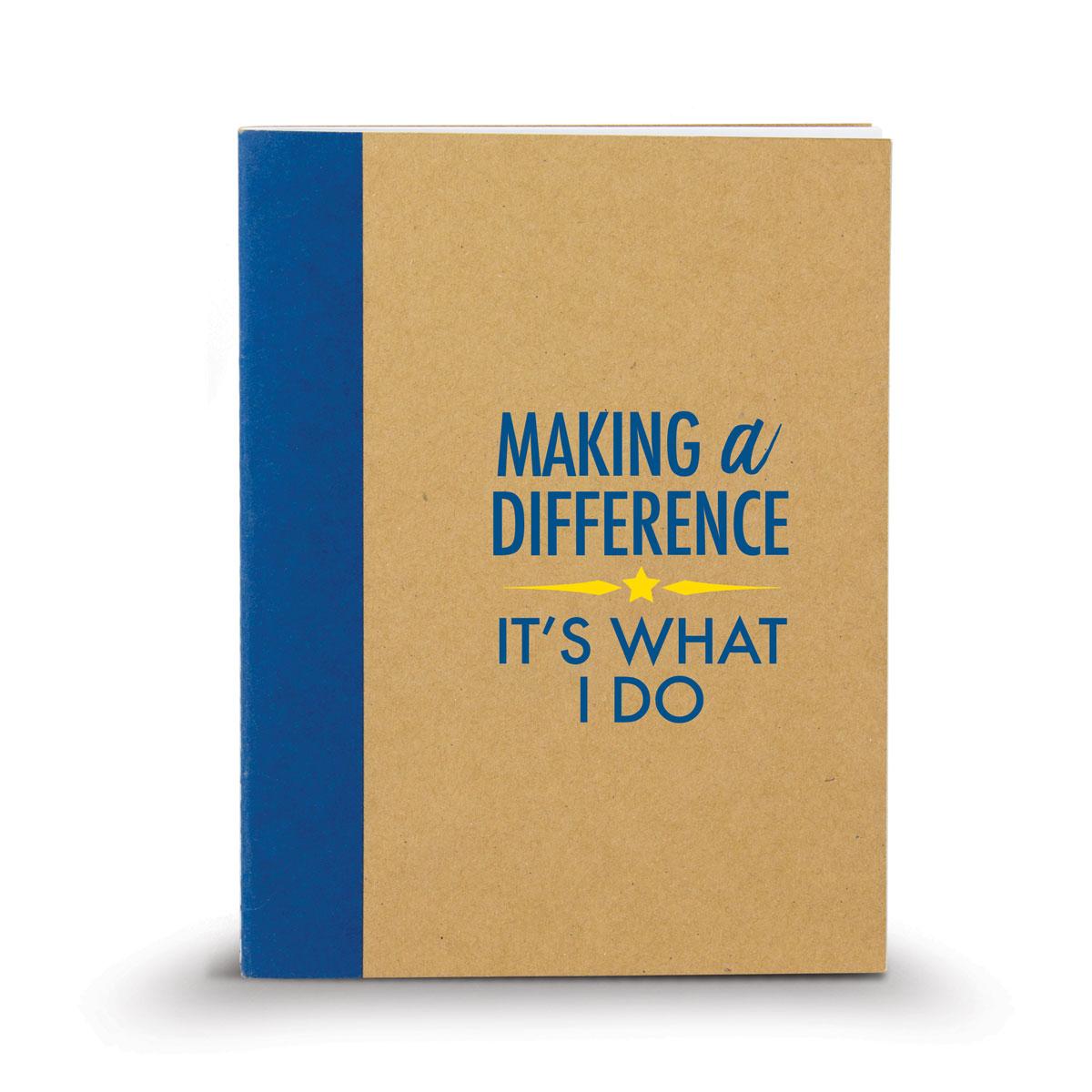 kraft memo book with blue accent and making a difference message