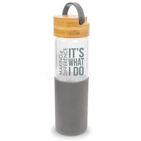 20 oz. water bottle w/ white silicone sleeve, bamboo lid and carrying handle. Featured message: Making A Difference It’s What I Do.