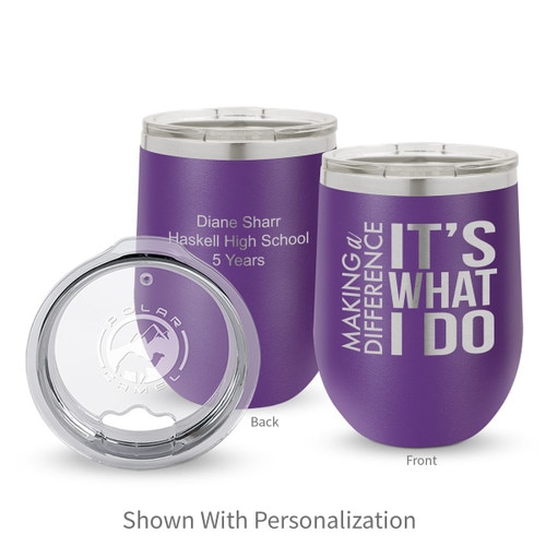 purple 12 oz. stainless steel tumblers with making a difference message and personalization