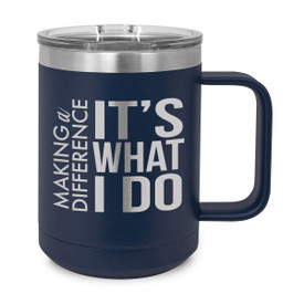 navy stainless steel mug with making a difference message