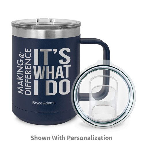 navy stainless steel mug with making a difference message and personalization