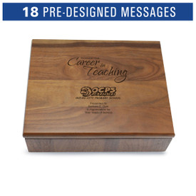 Large walnut memory keepsake box with laser-engraved career in teaching message.