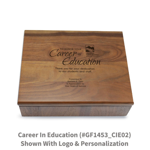 Large walnut memory keepsake box with laser-engraved career in education message.