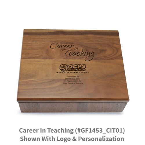 Large walnut memory keepsake box with laser-engraved career in teaching message.