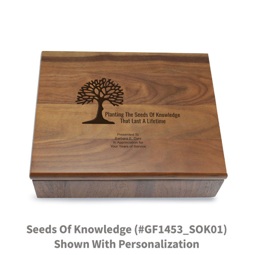 Large walnut memory keepsake box with laser-engraved seeds of knowledge message.