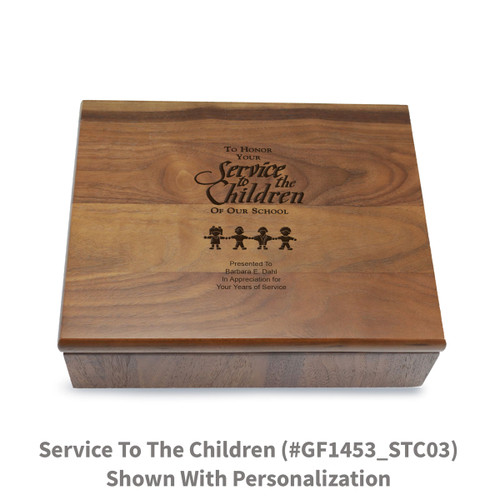 Large walnut memory keepsake box with laser-engraved service to the children message.