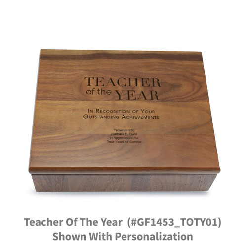 Large walnut memory keepsake box with laser-engraved teacher of the year message.
