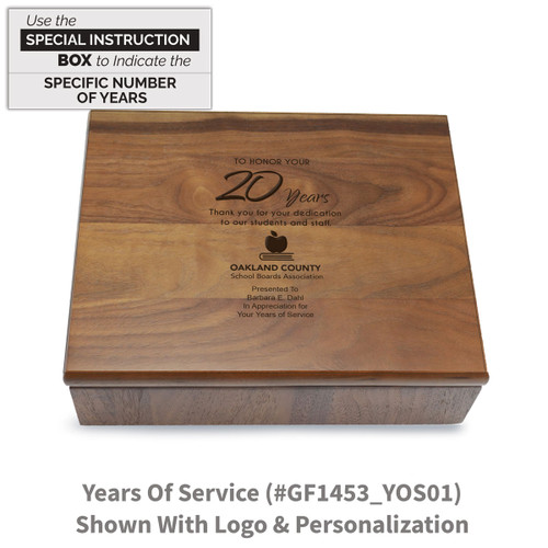 Large walnut memory keepsake box with laser-engraved years of service message.