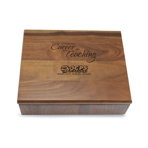Large walnut memory keepsake box with laser-engraved career in teaching message.