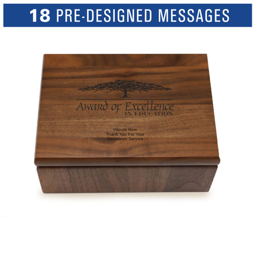 Small walnut memory keepsake box with laser-engraved award of excellence message.