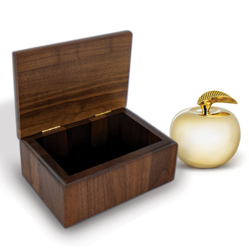small walnut memory with lid open and a golden apple