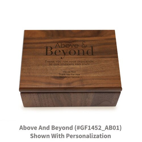 Small walnut memory keepsake box with laser-engraved above and beyond message.