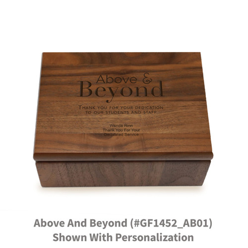 Small walnut memory keepsake box with laser-engraved above and beyond message.