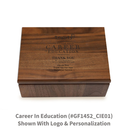 Small walnut memory keepsake box with laser-engraved career in education message.