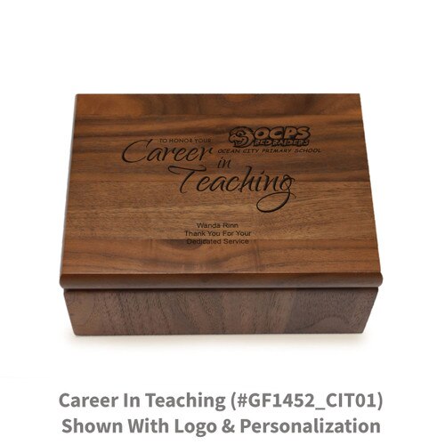 Small walnut memory keepsake box with laser-engraved career in teaching message.