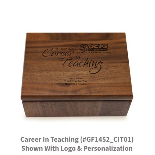 Small walnut memory keepsake box with laser-engraved career in teaching message.