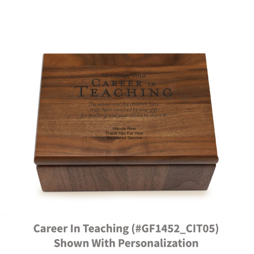 Small walnut memory keepsake box with laser-engraved career in teaching message.