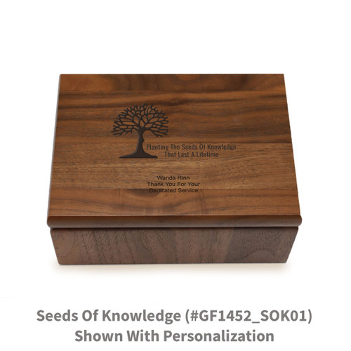 Small walnut memory keepsake box with laser-engraved seeds of knowledge message.