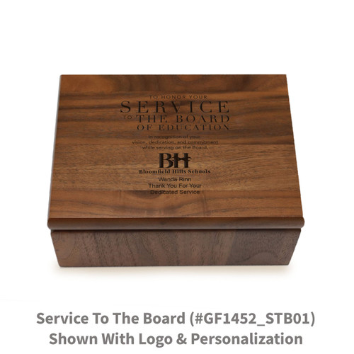 Small walnut memory keepsake box with laser-engraved service to the board message.