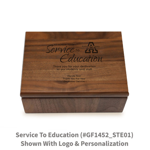 Small walnut memory keepsake box with laser-engraved service to education message.