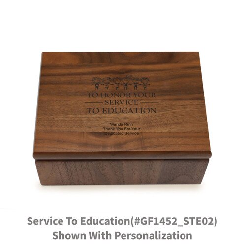 Small walnut memory keepsake box with laser-engraved service to education message.