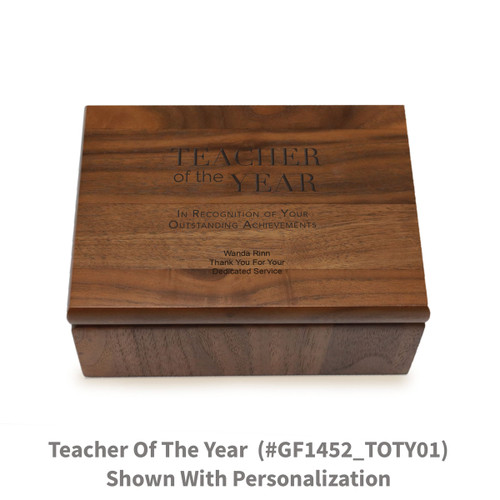 Small walnut memory keepsake box with laser-engraved teacher of the year message.