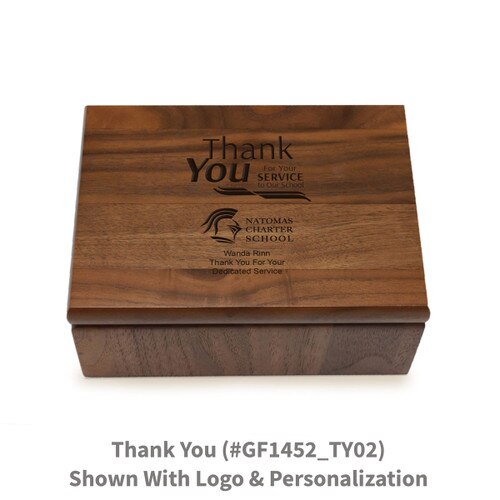 Small walnut memory keepsake box with laser-engraved thank you message.