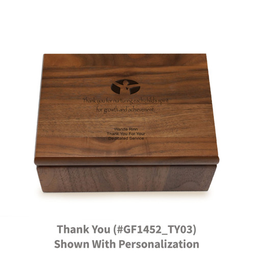 Small walnut memory keepsake box with laser-engraved thank you message.