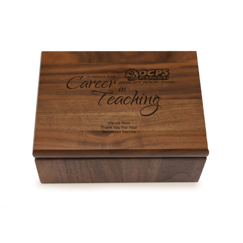 Small walnut memory keepsake box with laser-engraved career in teaching message.