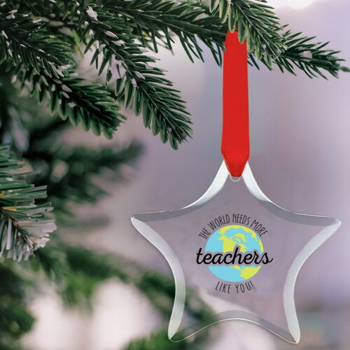 star shaped crystal ornament with more teachers like you message and red satin ribbon