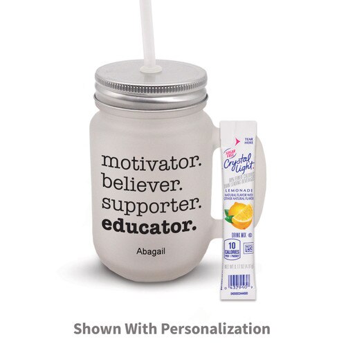 frosted mason jar with motivator message and lemonade packet