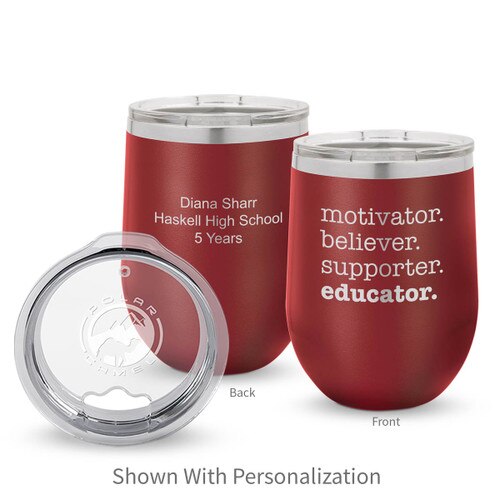 maroon 12 oz. stainless steel tumblers with motivator believer supporter educator message and personalization