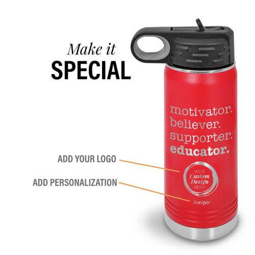 red motivator 20 oz stainless steel water bottle with add your logo and personalization