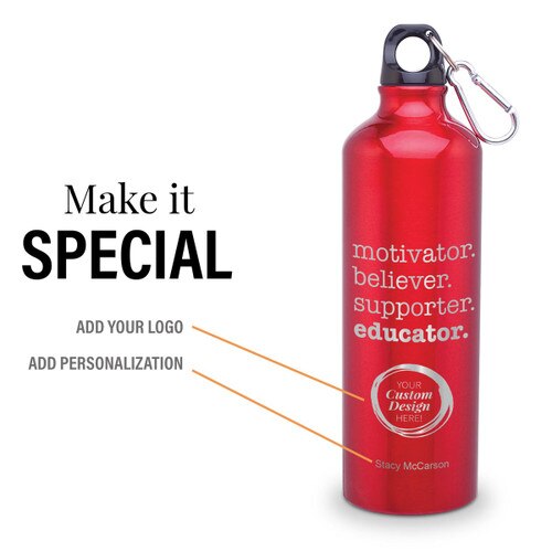 motivator red 24 oz carabiner canteen with add your logo and personalization