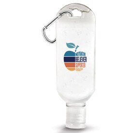 1 oz. antibacterial hand sanitizer gel with carabiner featuring the inspirational message “Motivator. Believer. Supporter. Educator.”